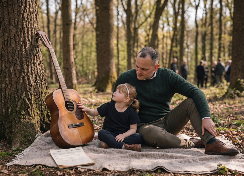 Uitvaartverzorger Vincent Hekert zit samen met een jong meisje op een kleed in het bos. Naast hen leunt een akoestische gitaar tegen een boom en ligt er bladmuziek. Op de achtergrond is een groep belangstellenden bij een natuurbegrafenis te zien. 