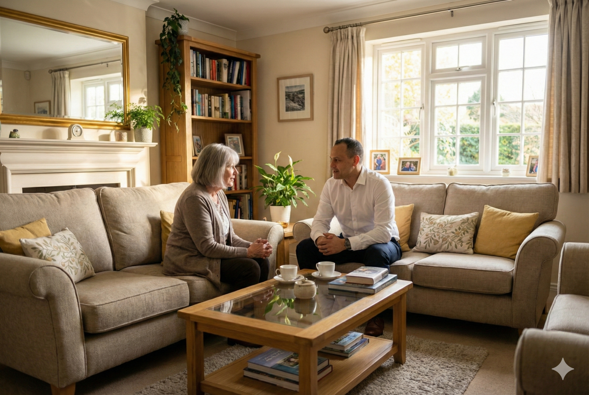 Een uitvaartverzorger en een vrouw in een nagesprek op de bank in een sfeervolle woonkamer.