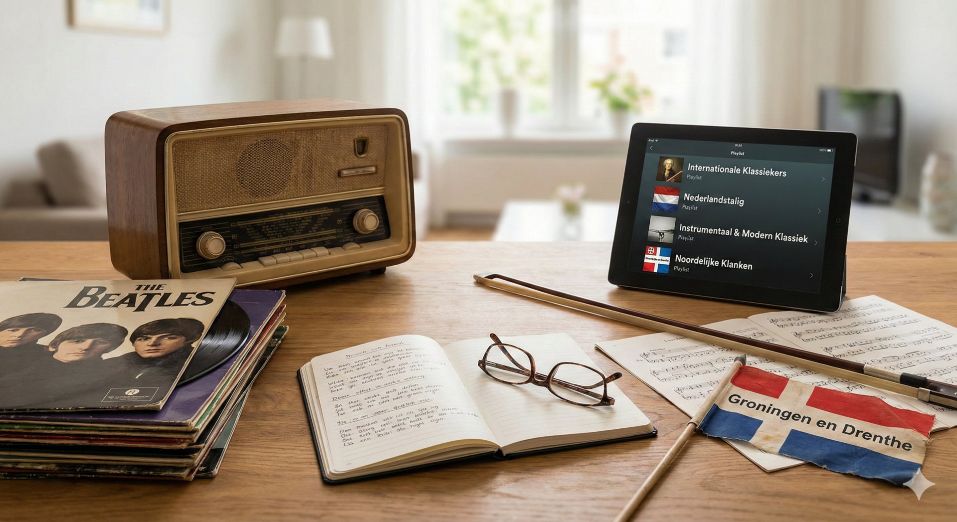 Een houten tafel met een vintage radio, lp's, een opengeslagen notitieboek, bladmuziek met een strijkstok en een tablet met muziekafspeellijsten.