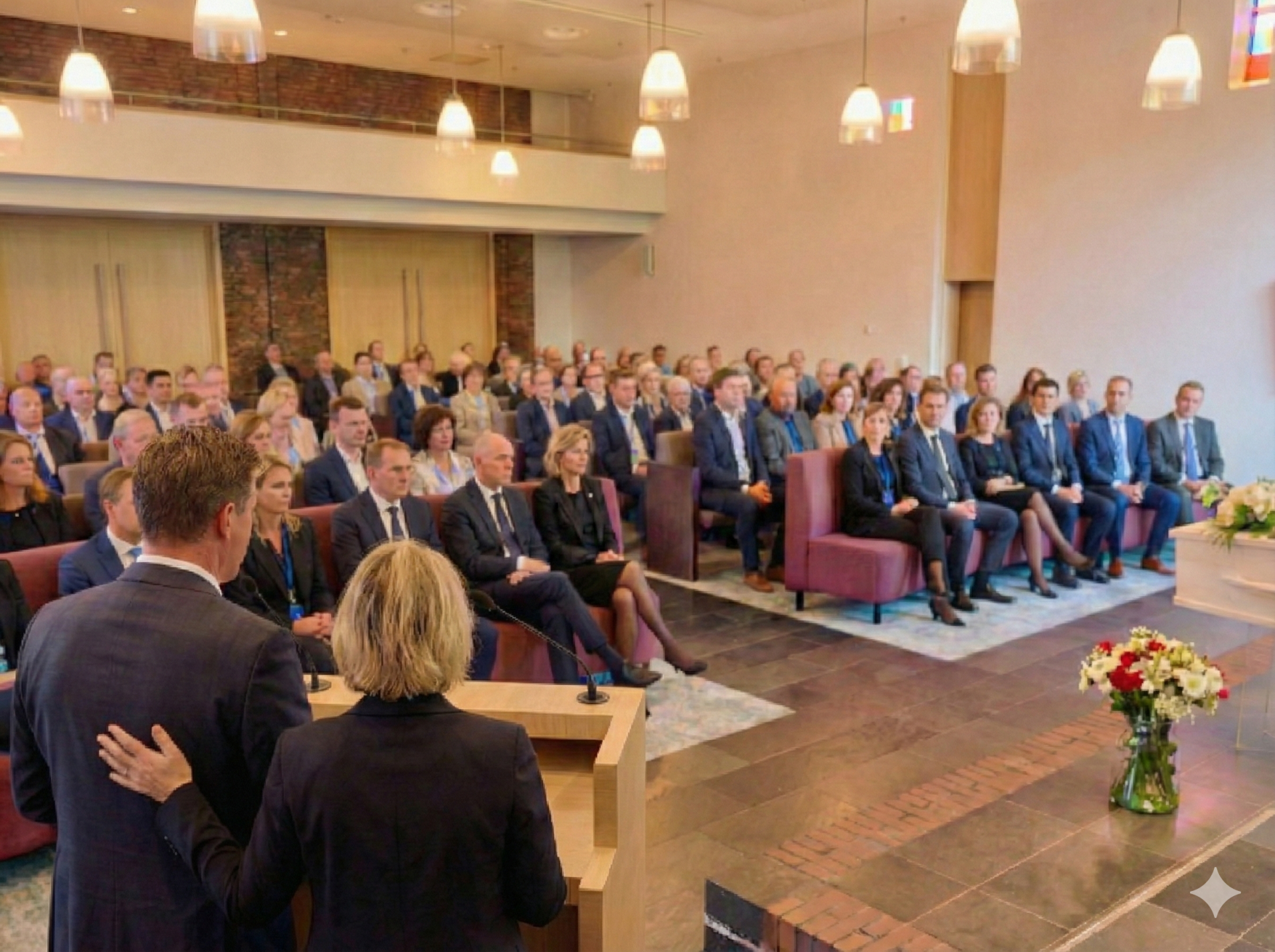 Spreken bij een uitvaart, aula, hand op rug Een volle zaal met mensen.