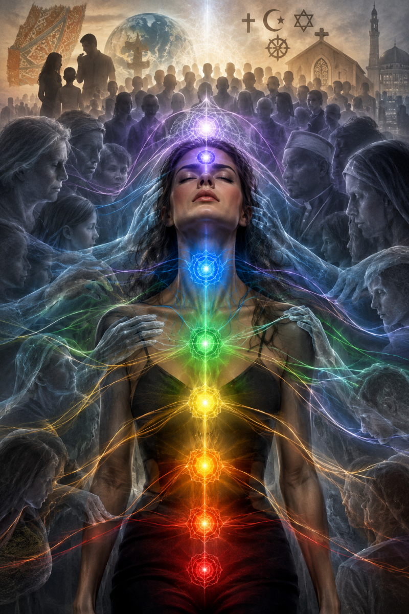 De chakra’s binnen maatschappelijke beïnvloeding: Invloeden van familie, cultuur, religie en groepen kunnen verschillende chakra’s tegelijk raken.