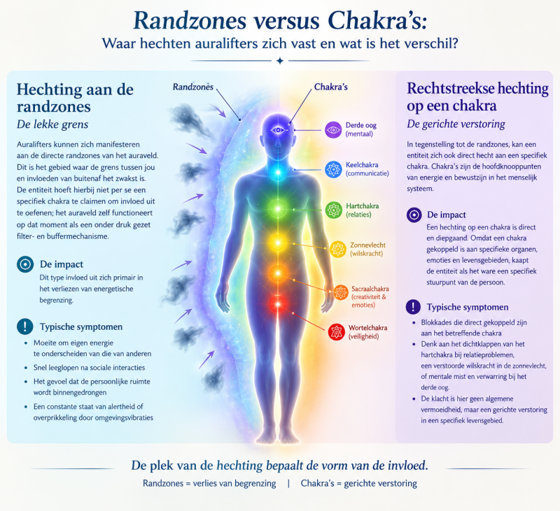 Hechting aan de randzones: de lekke grens waar auralifters zich kunnen manifesteren. Rechtstreekse entiteiten hechting op een chakra: de gerichte verstoring gekoppeld aan organen, emoties en levensgebieden.