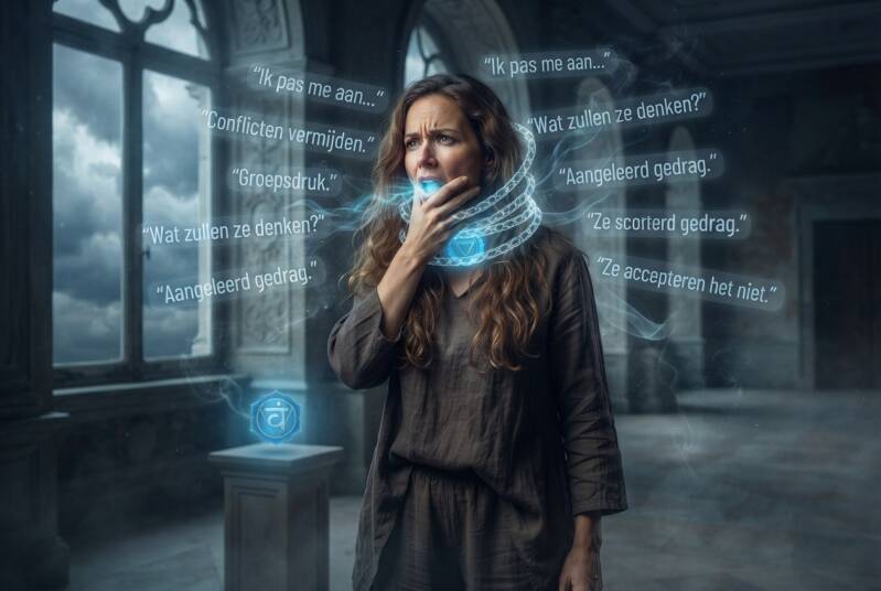 Wanneer je jezelf aanpast om afwijzing of conflicten te voorkomen, raakt de keel verbonden met het probleem van zelfexpressie. Je slikt je mening in, spreekt je werkelijke behoefte niet uit of gebruikt woorden waarvan je weet dat de groep ze accepteert. 