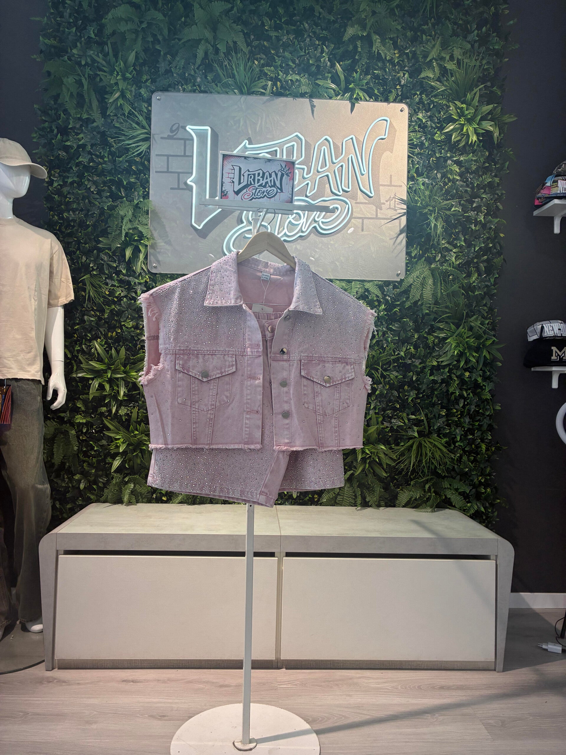 Set denim gilet e shorts- Rosa brillantini