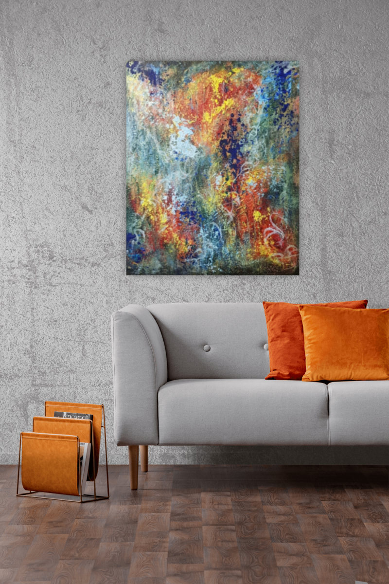 &quot;Ild og vann&quot; Malt på tre. 53x62 cm. 3200 kr.