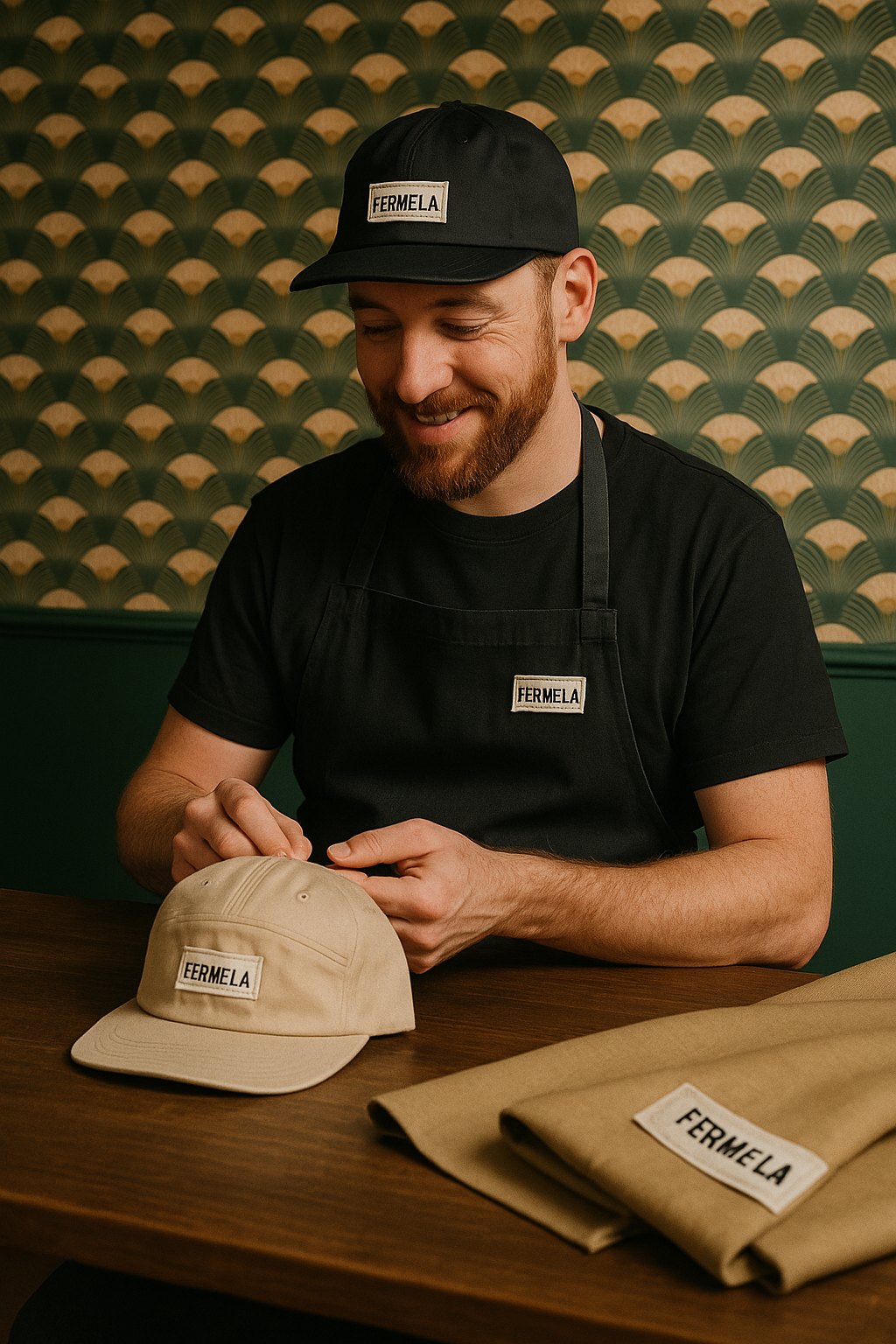 Artisan barbu portant un tablier FermeLa, travaillant sur une casquette 5 panneaux beige dans un atelier élégant aux murs vert et doré. Scène lumineuse et soignée, illustrant le savoir-faire et l’esprit artisanal de la marque FermeLa.