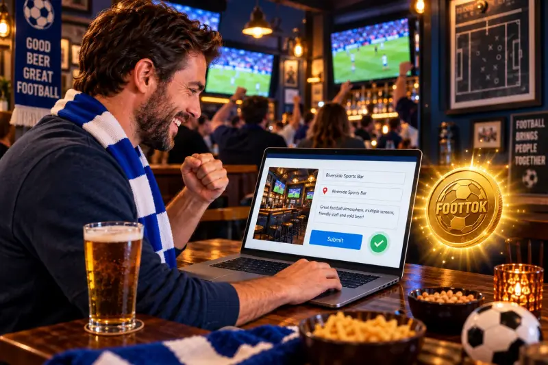 Football fan registering a sports bar on FOOTTOK Spots while watching live football in a sports bar.