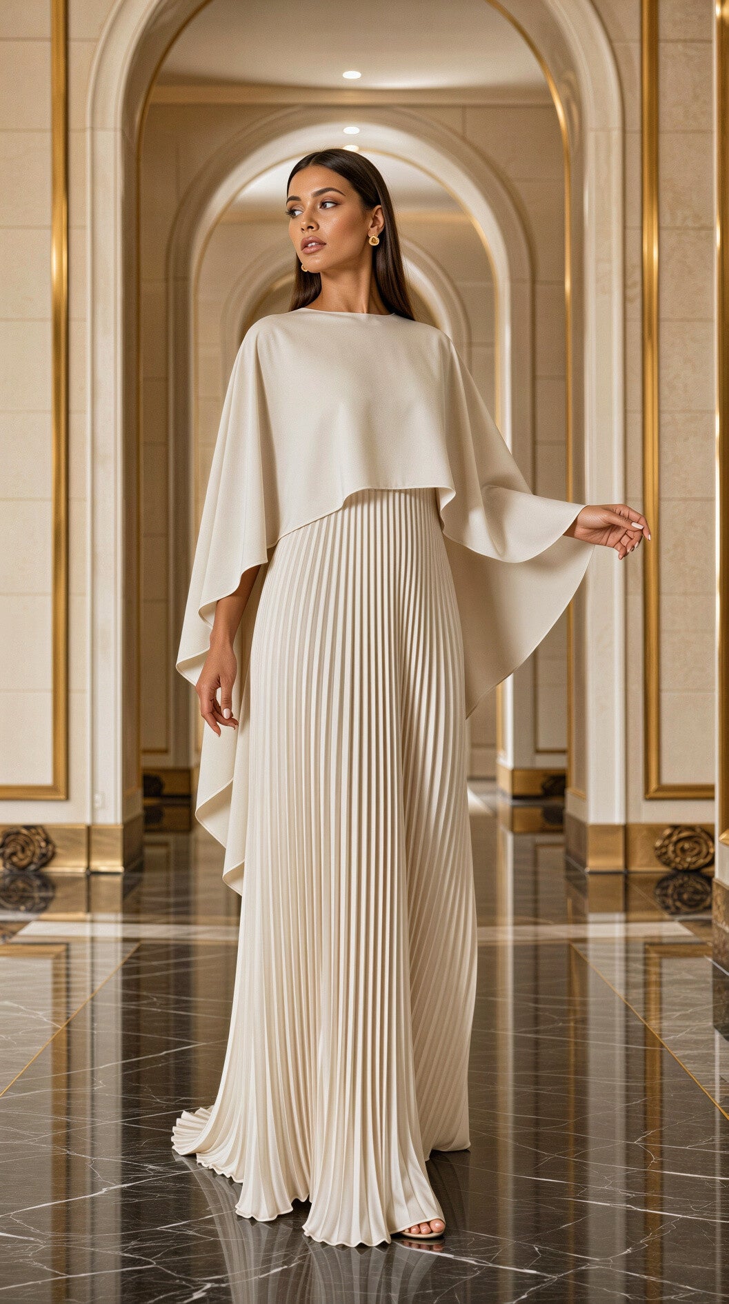 Mabelinda Luxe Pleated Cape Maxi Dress