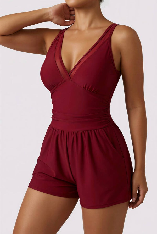 Mabelinda V-Neck Swim Dress One-Piece with Pockets