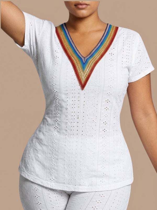 Mabelinda Boho Eyelet V-Neck Top