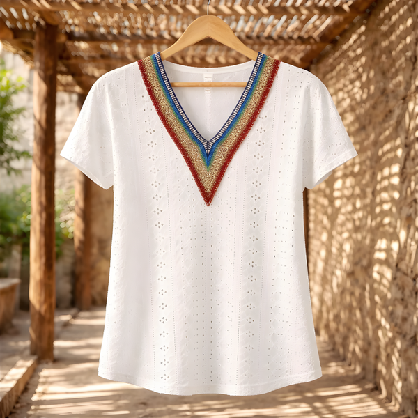 Mabelinda Boho Eyelet V-Neck Top