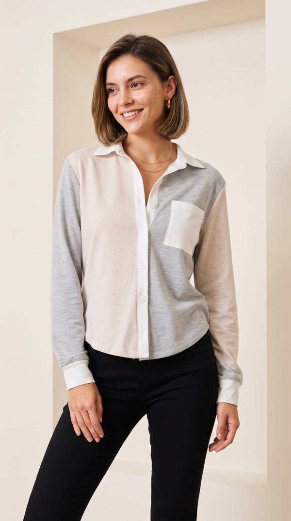 Mabelinda Modern Colorblock Button-Up Blouse