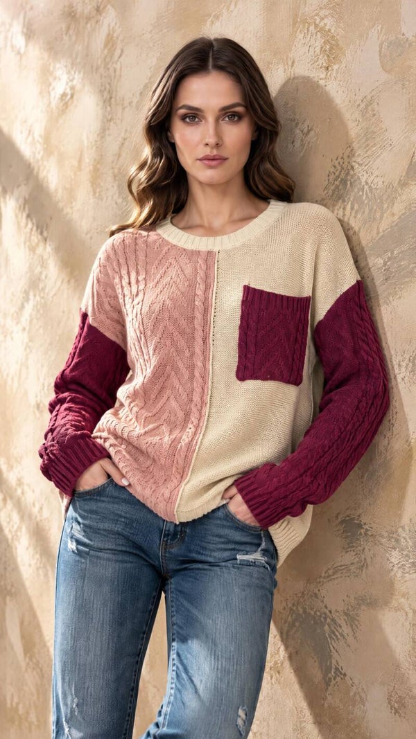 Mabelinda Rosé Colorblock Cable Knit Sweater