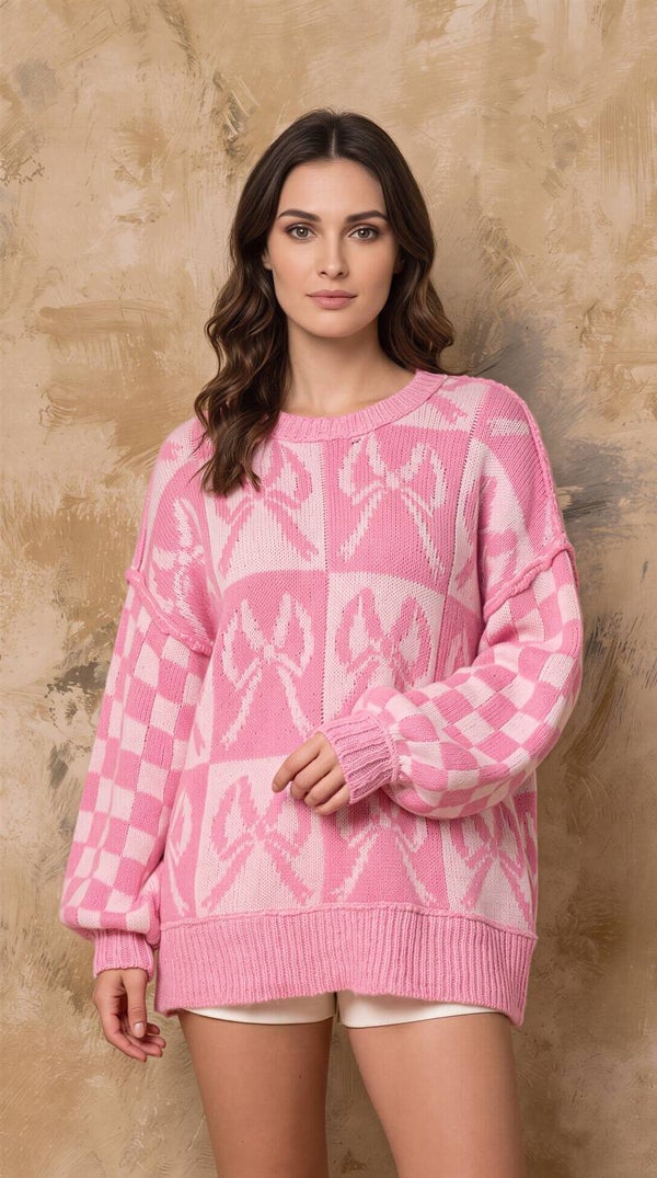 Mabelinda Pink Bow Checkered Knit Sweater