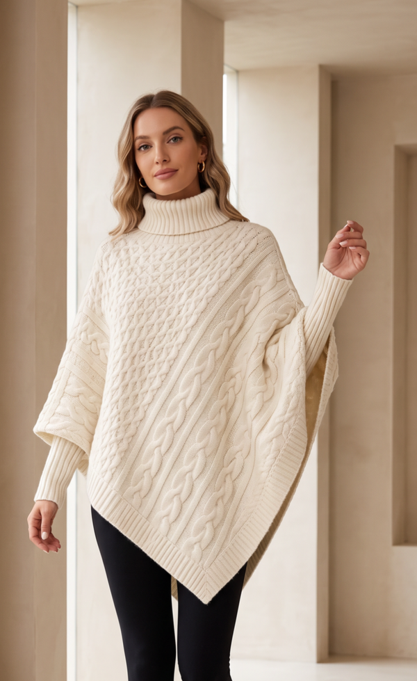 Mabelinda Elegant Cable Knit Turtleneck Poncho Sweater