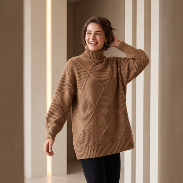 Mabelinda Cozy Diamond Knit Turtleneck Sweater