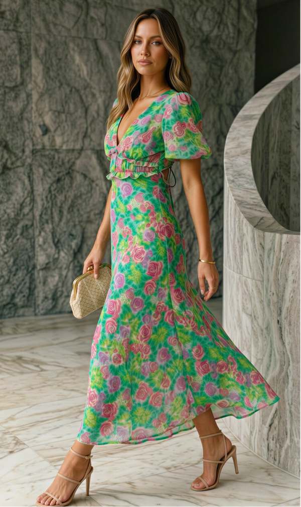 Mabelinda Vibrant Floral Open-Back Maxi Dress