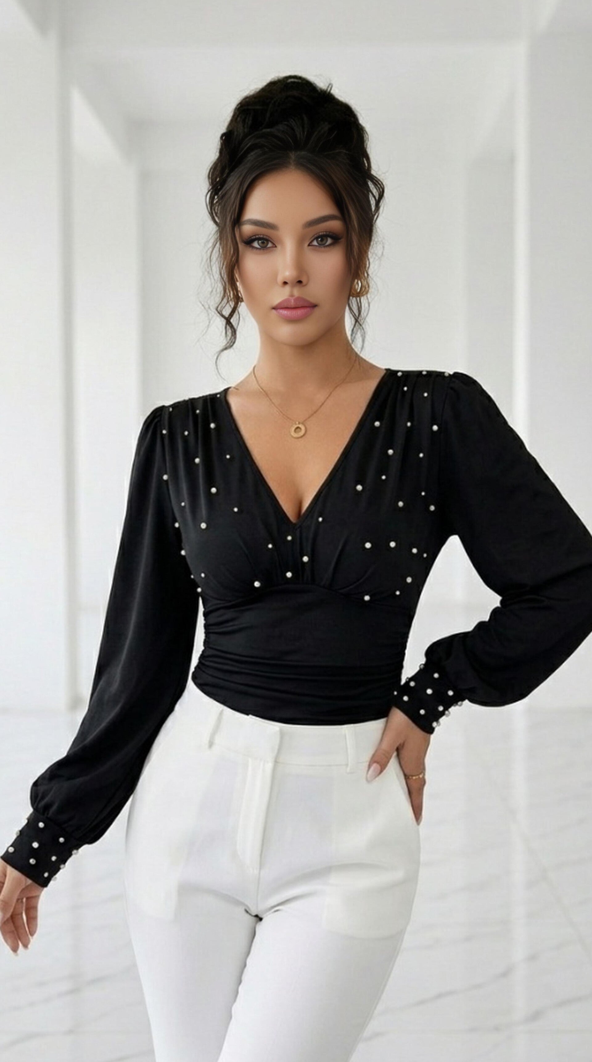 Mabelinda Luxury Pearl V-Neck Blouse