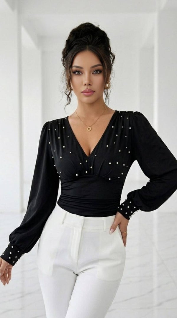Mabelinda Luxury Pearl V-Neck Blouse