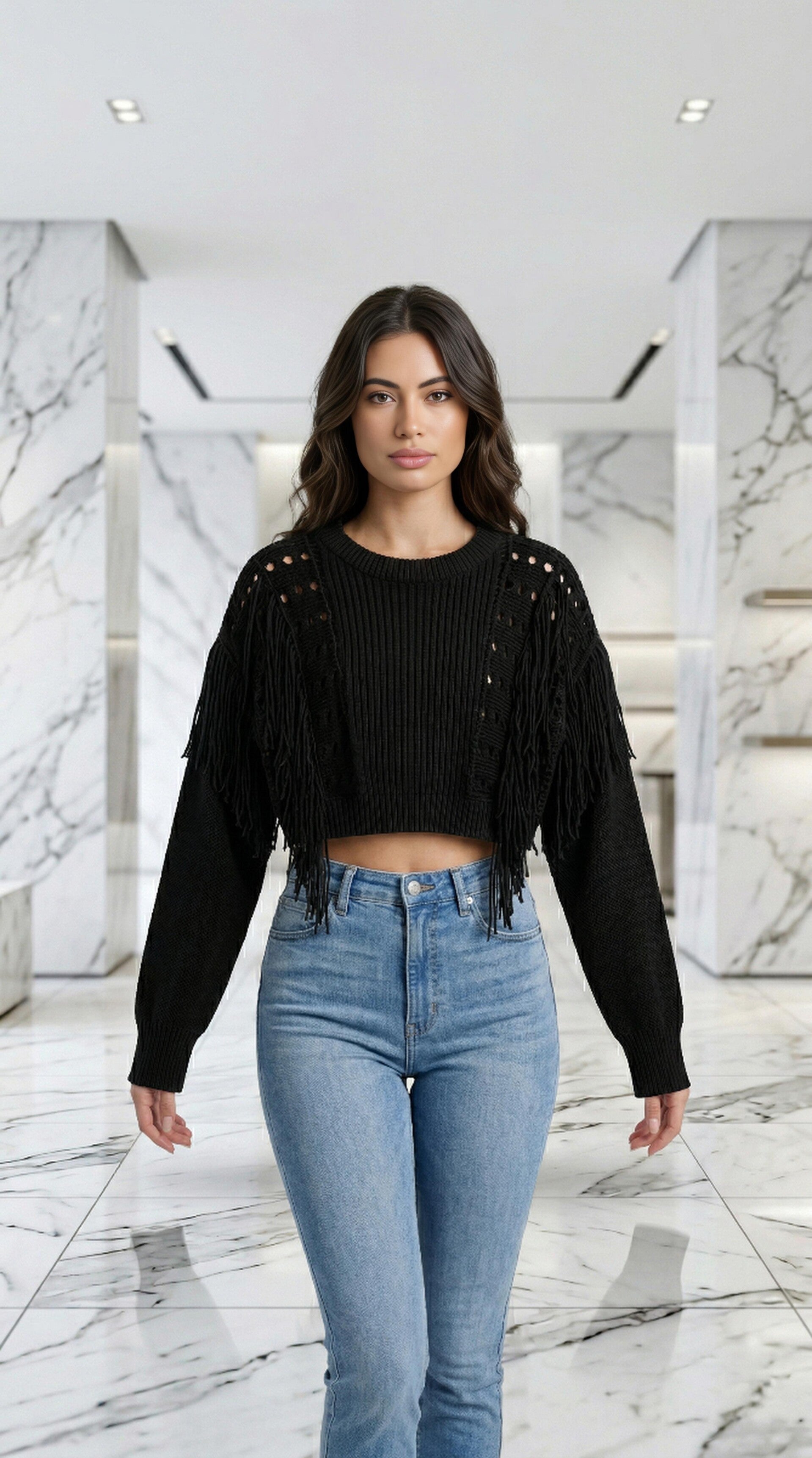 Midnight Fringe Crop Knit Sweater – Bold & Chic