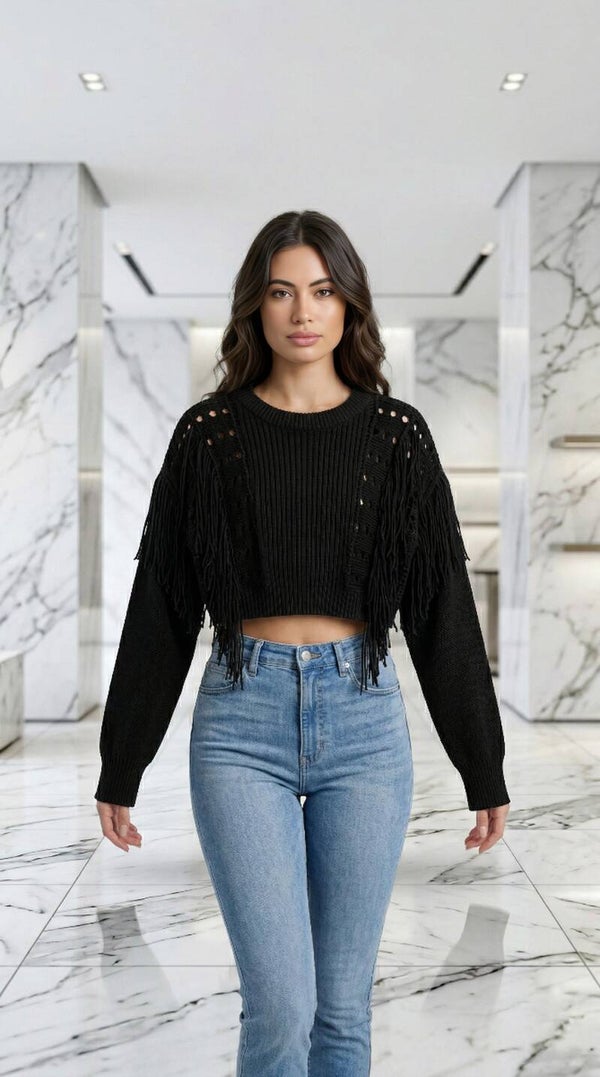 Midnight Fringe Crop Knit Sweater – Bold & Chic