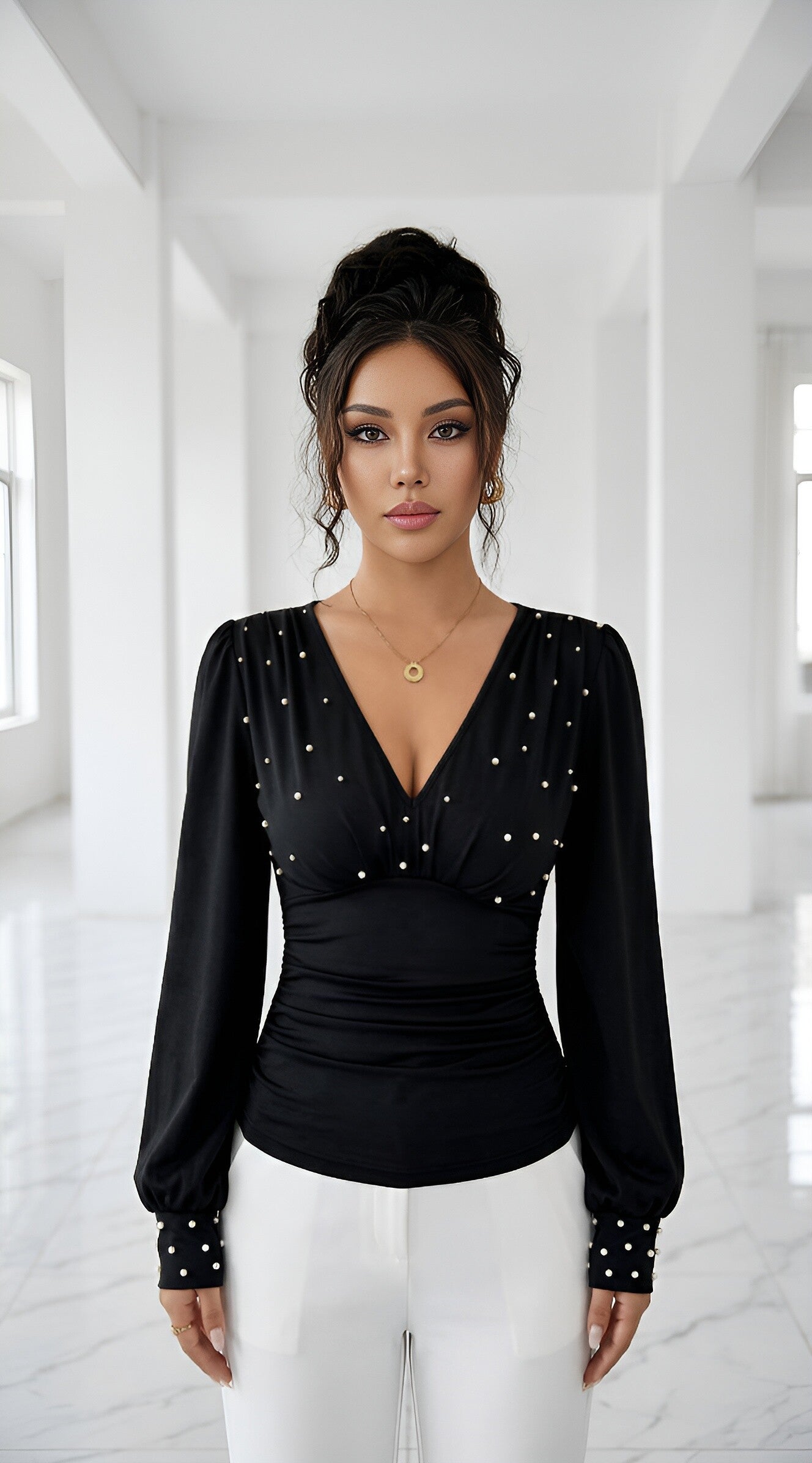 Mabelinda Luxury Pearl V-Neck Blouse