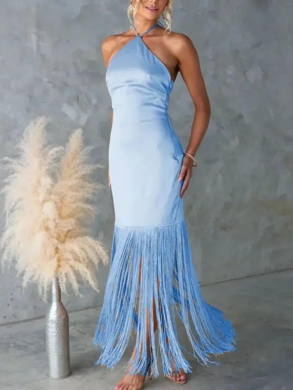 Mabelinda Fringe Muse Halter Maxi Dress