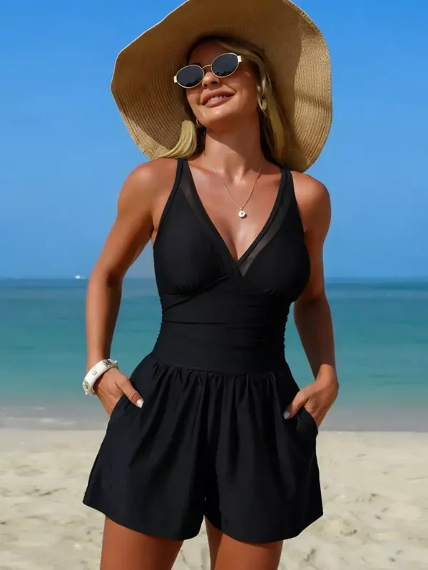 Mabelinda V-Neck Swim Dress One-Piece with Pockets