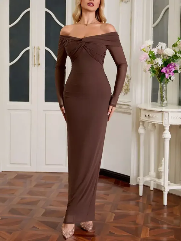 Mabelinda Cocoa Muse Off-Shoulder Maxi Dress