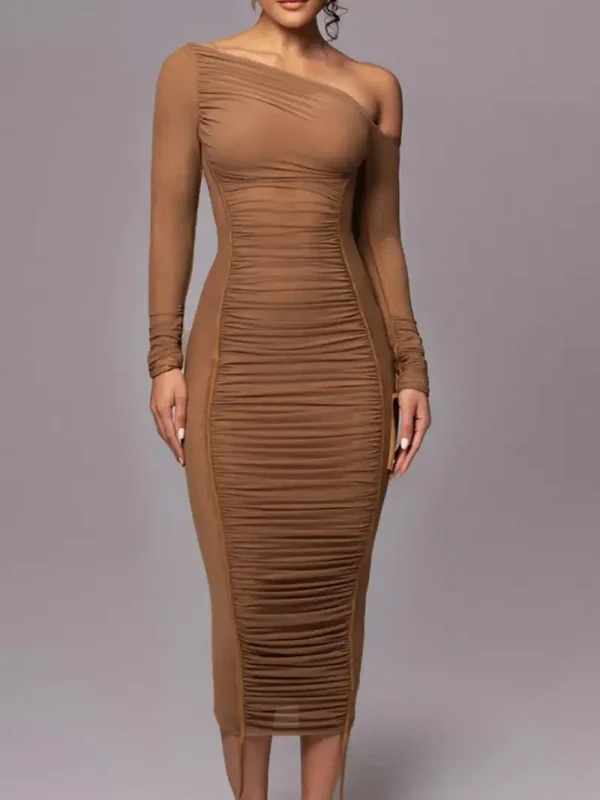 Mabelinda One-Shoulder Ruched Bodycon Midi Dress