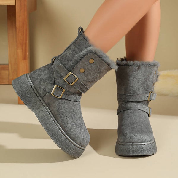 Mabelinda Cozy Double Buckle Faux Fur Boots