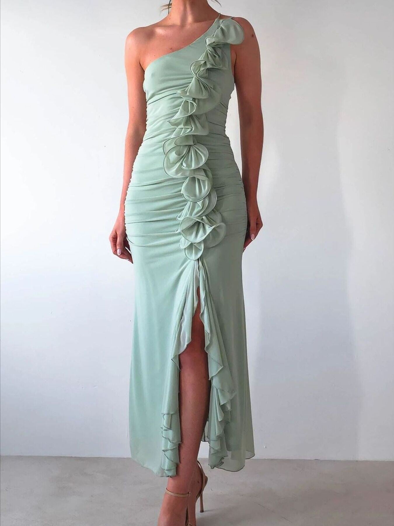 Mabelinda One-Shoulder Ruffle Slit Dress