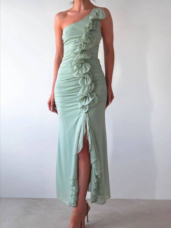 Mabelinda One-Shoulder Ruffle Slit Dress