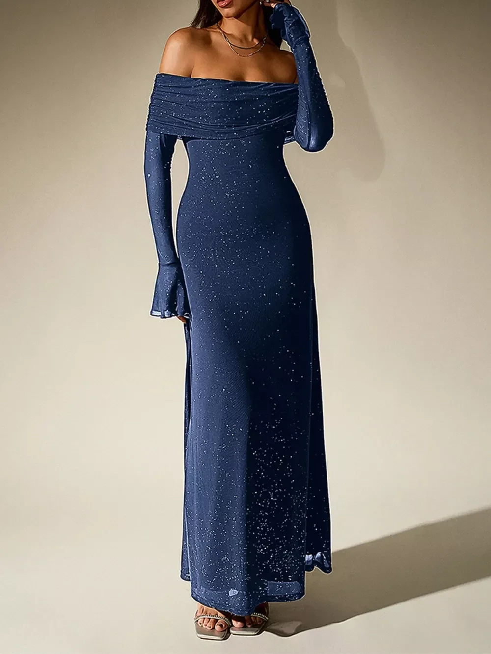 Mabelinda Midnight Muse Glitter Off-Shoulder Maxi Dress