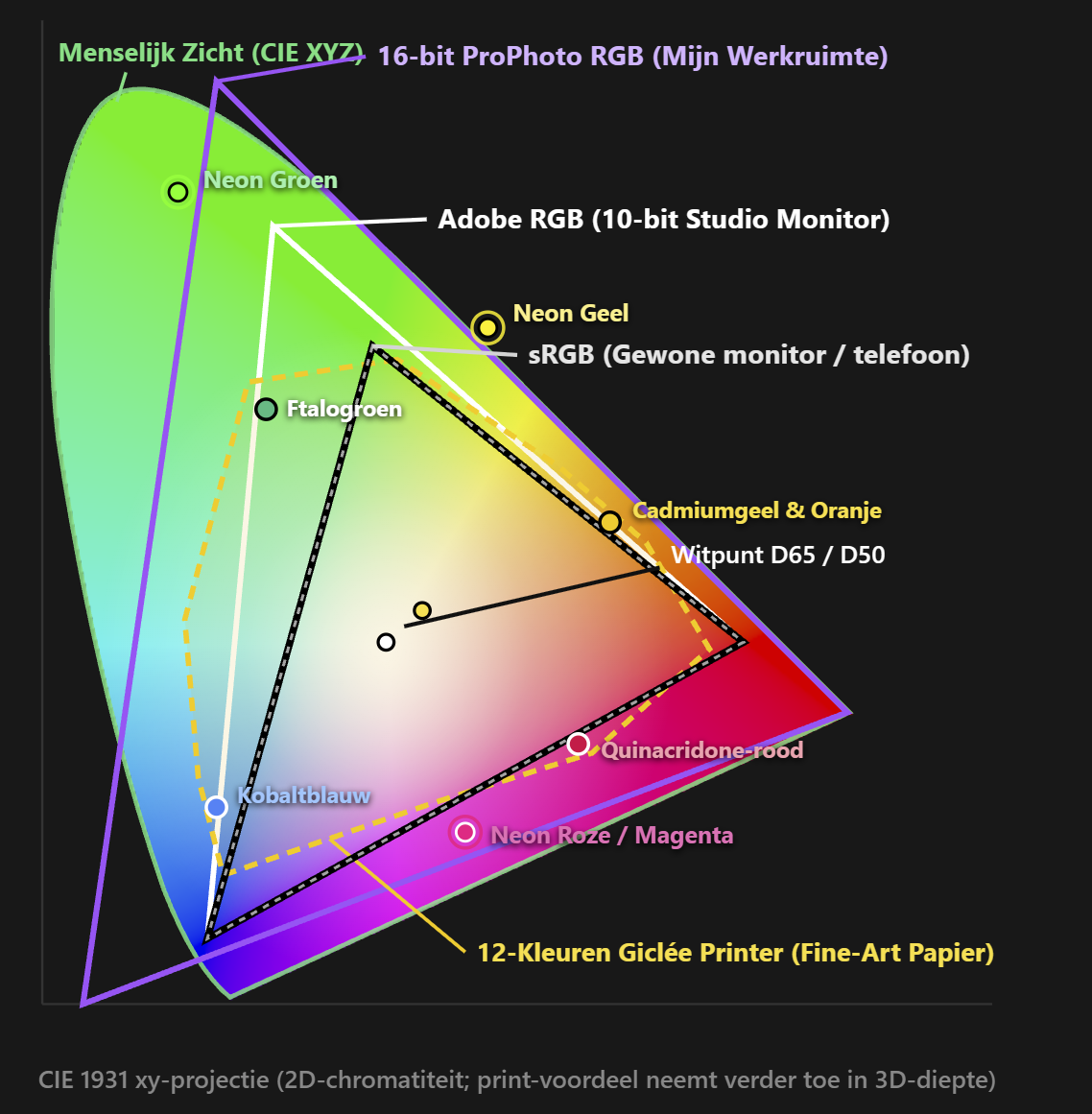 CIE 1931 kleurruimte vergelijking tussen sRGB, Adobe RGB en 16-bit ProPhoto RGB voor 12-kleuren Fine-Art Giclée prints