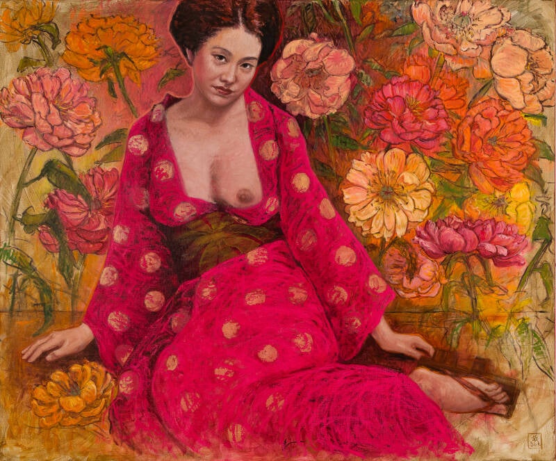 100% kleurechte reproductiefotografie van figuratief schilderij met roze kimono en bloemen
