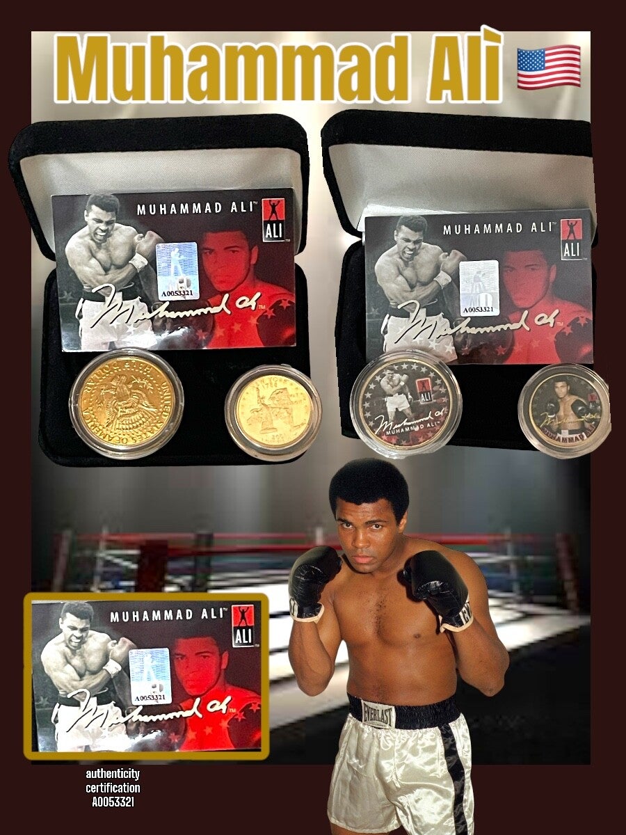 Muhammad Alì - The coins accompanying this certificate of authenticity are a genuine Legal Tender 24KT Gold Plated U.S. Kennedy Half Dollar and New York U.S. Statehood Quarter.