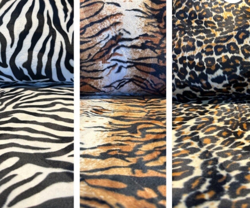 Stoffen met zebra-, tijger- en panterprint in zachte Velboa imitatiebontstof.