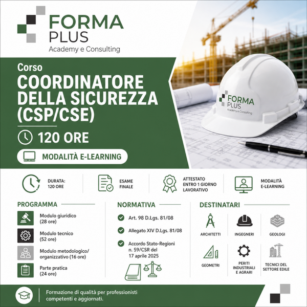 Corso Coordinatore della Sicurezza (CSP/CSE) 120 Ore