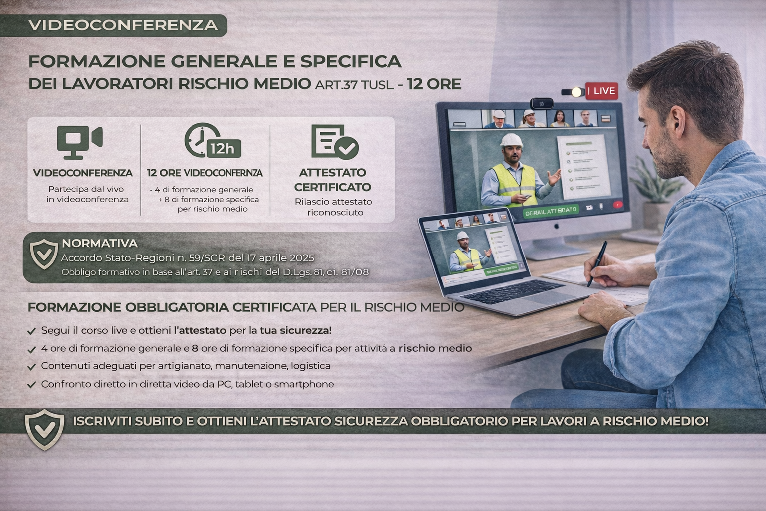 Formazione generale e specifica dei lavoratori rischio medio art.37 12 Ore