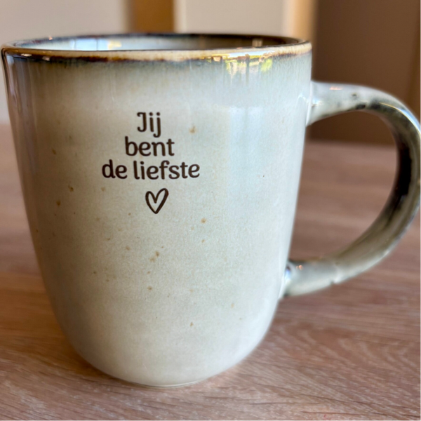 Koffiemok grijs beige groen groot - eigen tekst
