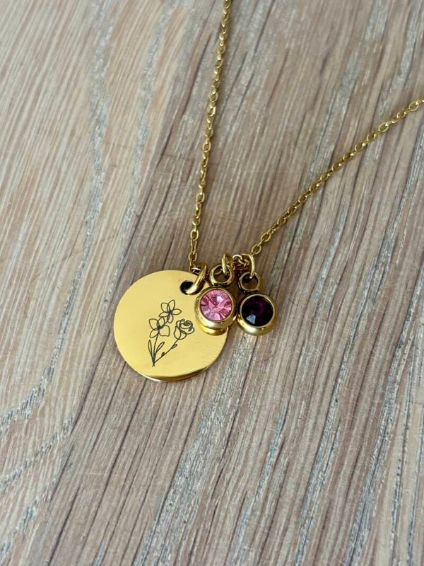 Ketting rond 2 geboortebloemen 2 geboortesteentjes