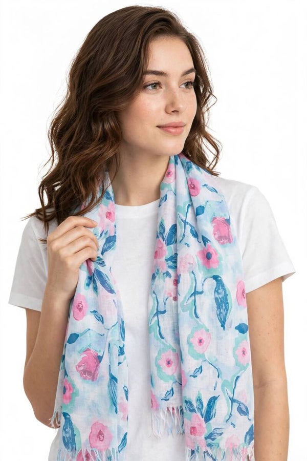Sciarpa Donna 100% Viscosa - Fantasia Floreale Azzurro Acquerello | Foulard Leggero, Pareo Copricostume e Mantella