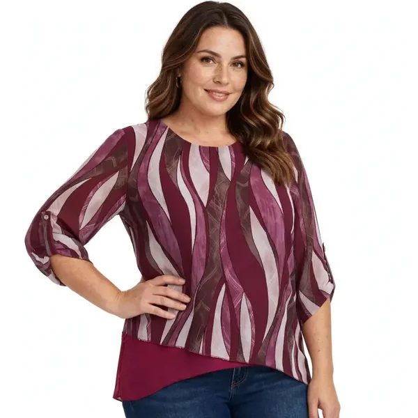 Blusa Donna Elegante Curvy - Taglio Asimmetrico - Fantasia Geometrica Bordeaux - Maniche 3/4 Regolabili con Bottone - Taglia Comoda