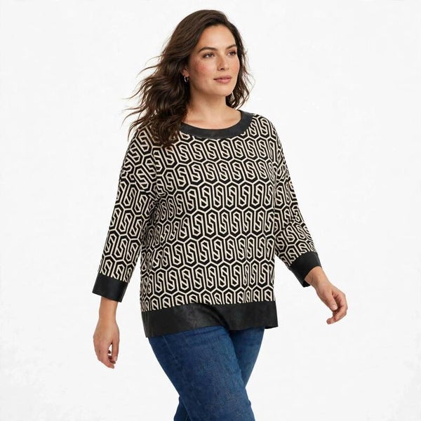 Blusa Donna Elegante Curvy - Fantasia Geometrica Nero Beige - Dettagli Ecopelle - Maniche 3/4 - Taglia Comoda