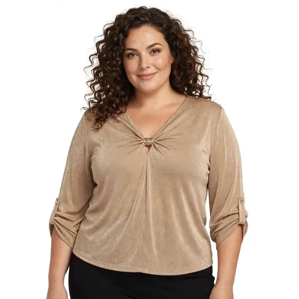 Blusa Donna Curvy Scollo a V con Dettaglio Gioiello - Manica Regolabile 3/4 in Viscosa | Nocciola e Cioccolato