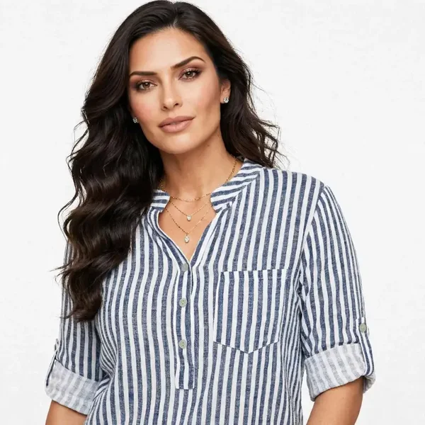 Blusa Donna Casacca 100% Cotone - Manica 3/4 Regolabile - Fantasia a Righe - Taglia Unica