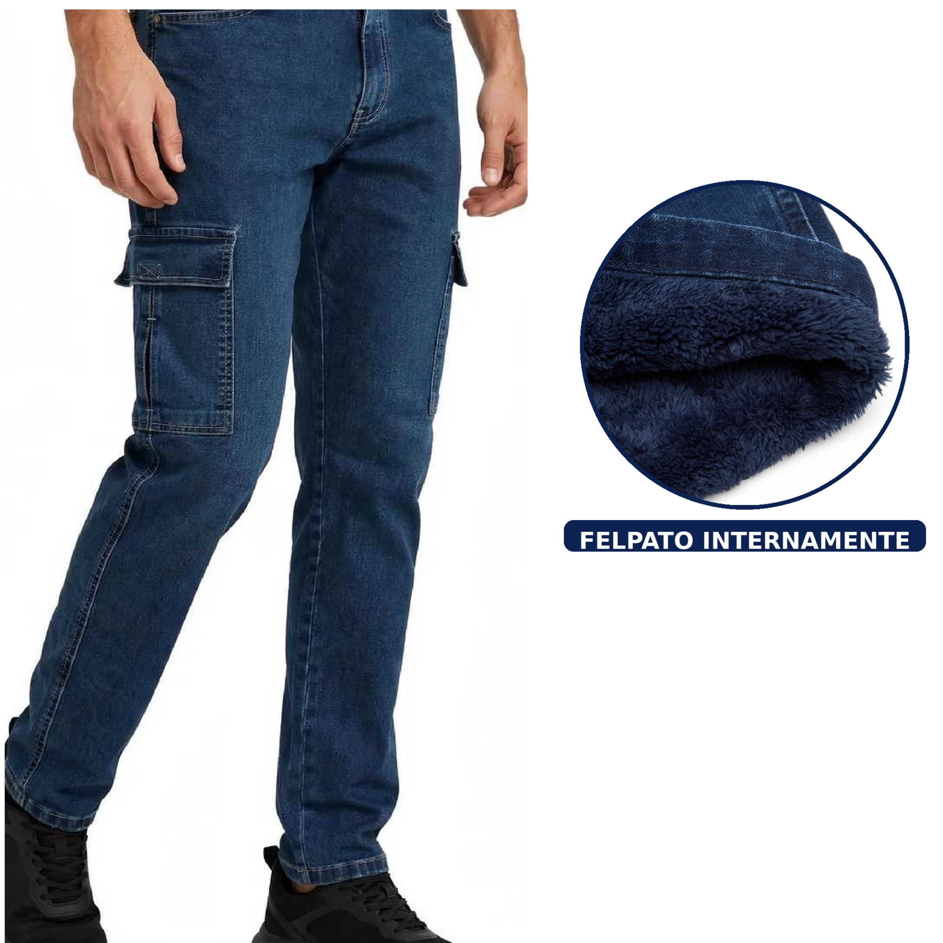 Jeans Cargo Uomo Invernali Felpati in Pile - Pantaloni da Lavoro Vita Alta Caldi e Imbottiti - Taglie 46-60