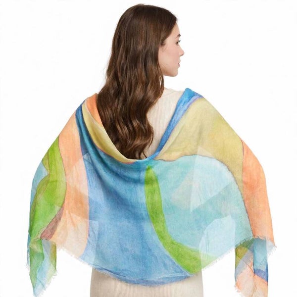 Foulard Grande Donna Estivo in Viscosa - Fantasia Acquerello Azzurro Verde e Pesca - Rettangolare XXL Leggero