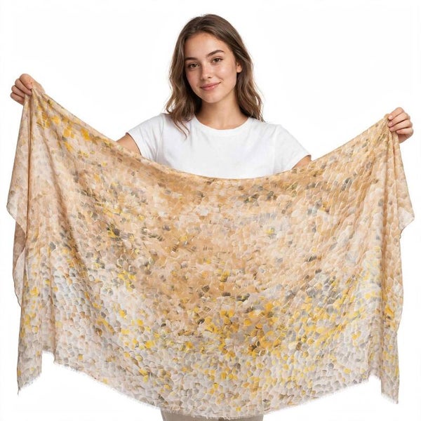 Foulard Donna Grande Estivo - Fantasia Piume Beige Giallo Ocra
